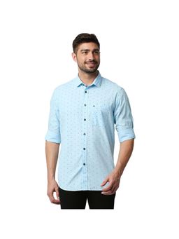 BASICS - Casual Printed Blue 100% Cotton Slim Shirt