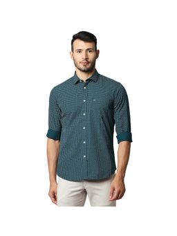 BASICS - Casual Printed Teal 100% Cotton Slim Shirt