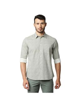 BASICS - Casual Printed Green 100% Cotton Slim Shirt