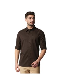 BASICS - Casual Plain Dark Brown 100% Cotton Slim Shirt