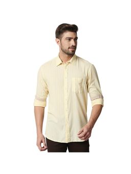 BASICS - Casual Striped Yellow Cotton Linen Slim Shirt