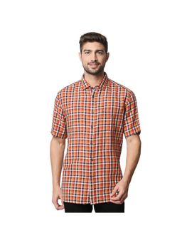 BASICS - Casual Checked Orange Cotton Linen Slim Shirt