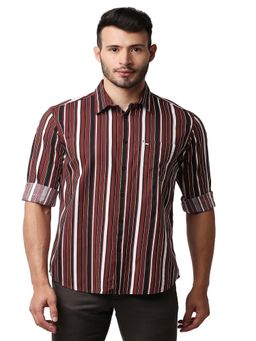 BASICS - Casual Printed Red Cotton Viscose Slim Shirt