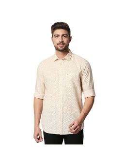 BASICS - Casual Printed Beige Cotton Hemp Slim Shirt