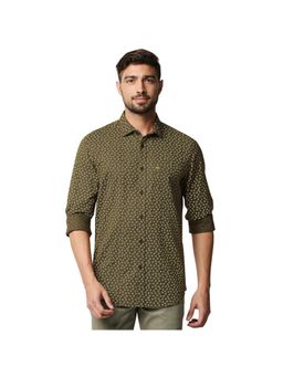 BASICS - Casual Printed Brown Cotton Hemp Slim Shirt