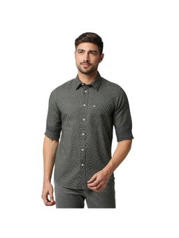 BASICS - Casual Printed Grey Cotton Hemp Slim Shirt