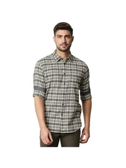 BASICS - Casual Checked Grey Cotton Linen Slim Shirt