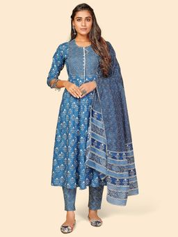 Vbuyz - Womens Printed Anarkali Cotton Blue & White Kurta Pant With Dupatta (Set of 3)