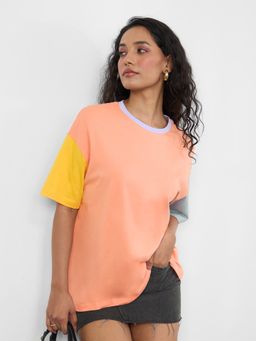 The Souled Store - Yellow Pink & Grey Cotton Women Oversized T-Shirt