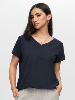 The Souled Store - Store Originals Solids Navy Blue Women Relaxed Fit T-Shirts
