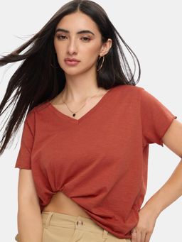 The Souled Store - Store Originals Solid Rust Brown Women Relaxed Fit T-Shirts