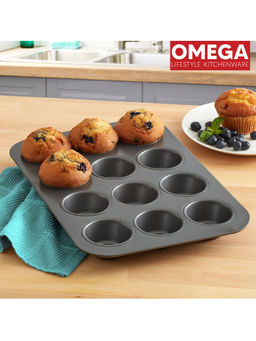 Omega - Carbon Steel 12 Cup Nonstick Muffin Cupcake Pan Tray - Black (Pack of 12)