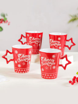 Nestasia - Ceramic Christmas Cups with Star Handle Red 300ml (Pack of 4)