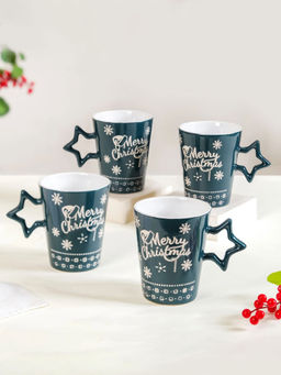 Nestasia - Ceramic Christmas Cups with Star Handle Green 300ml (Pack of 4)