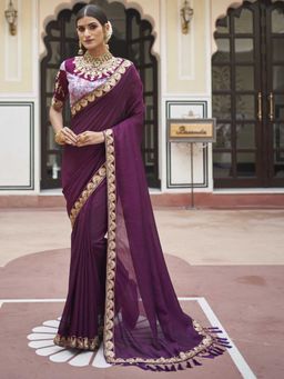 Odette - Purple Two Tone Vichitra Silk Embroidered Saree with Unstitched Blouse