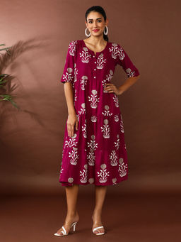 Jaipur Kurti - Wine Floral Printed A-Line Tiered Ethnic Dress