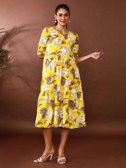 Jaipur Kurti - Yellow Floral Printed A-Line Tiered Ethnic Dress