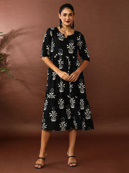Jaipur Kurti - Black Floral Printed A-Line Tiered Ethnic Dress