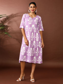 Jaipur Kurti - Purple Floral Printed A-Line Tiered Ethnic Dress