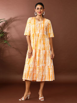 Jaipur Kurti - Yellow Printed A-Line Tiered Ethnic Dress