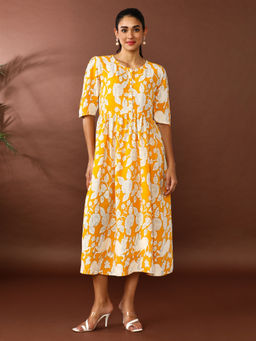 Jaipur Kurti - Yellow Floral Printed A-Line Panelled Ethnic Dress