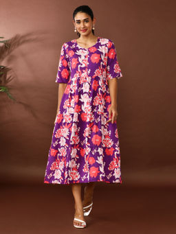 Jaipur Kurti - Purple Floral Printed A-Line Tiered Ethnic Dress