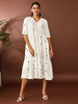 Jaipur Kurti - White Embroidered A-Line Tiered Ethnic Dress