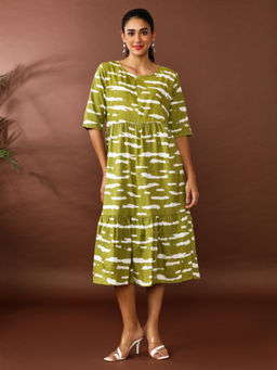 Jaipur Kurti - Green Printed A-Line Cotton Blend Ethnic Dress