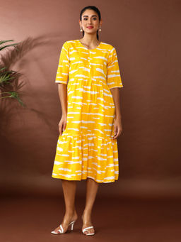 Jaipur Kurti - Yellow Printed A-Line Cotton Blend Ethnic Dress