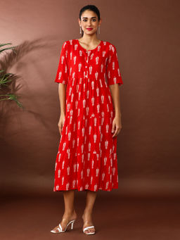 Jaipur Kurti - Red Printed A-Line Tiered Ethnic Dress