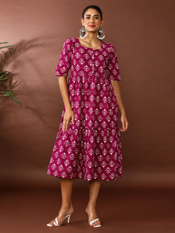 Jaipur Kurti - Wine Floral Printed A-Line Tiered Ethnic Dress
