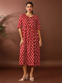 Jaipur Kurti - Red Printed A-Line Tiered Ethnic Dress