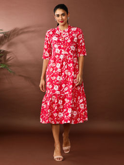 Jaipur Kurti - Red Floral Printed A-Line Tiered Ethnic Dress
