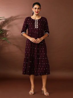 Jaipur Kurti - Wine Printed A-Line Tiered Ethnic Dress