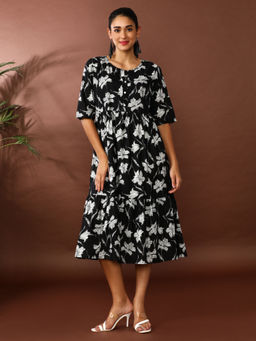 Jaipur Kurti - Black Floral Printed A-Line Tiered Ethnic Dress