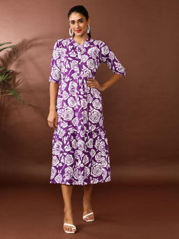 Jaipur Kurti - Purple Floral Printed A-Line Tiered Ethnic Dress