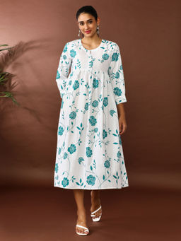 Jaipur Kurti - Green Floral Printed A-Line Pure Cotton Ethnic Dress
