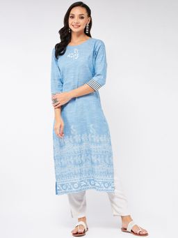 Pannkh - Womens Madhubani Block Printed Chambray Kurta