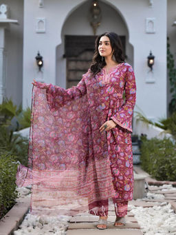 Divena - Purple HandBlock Floral Print Cotton Anarkali Kurta with Pant and Dupatta (Set of 3)