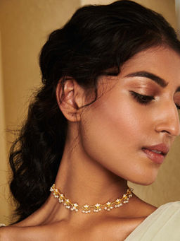 ZARIIN - 22KT Gold Dipped in White Enamel Lotus Silk Delicate Collar Necklace