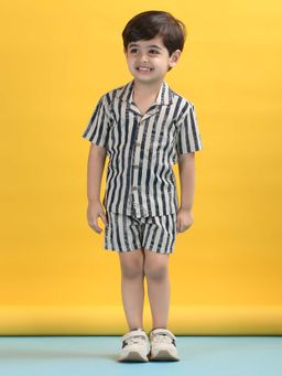 Polka Tots - Kids Cotton Half Sleeve Stripes Print Shirt with Short - Blue (Set of 2)