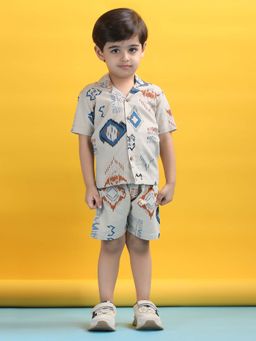 Polka Tots - Kids Cotton Half Sleeve Print Shirt with Short - Blue (Set of 2)