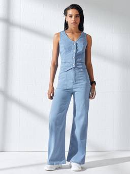 DOLCE CRUDO - Womens Light Blue Wide Leg High Rise Denim Co-Ord Set