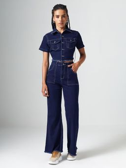 DOLCE CRUDO - Womens Navy Blue Bootcut Clean-Look Cropped Denim Co-Ord Set