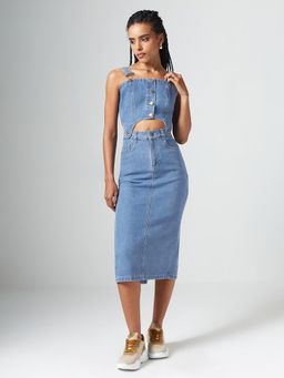 DOLCE CRUDO - Womens Blue Square Neck Pinafore Detachable Crop Top and Skirt