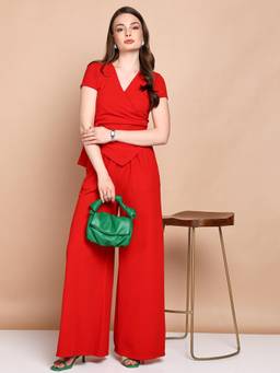 Saffe - Womens Red Solid V-Neck Co-Ord Set
