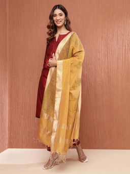Fabindia - Mustard Cotton Silk Blend Hand Block Printed Dupatta