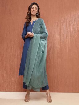 Fabindia - Teal Cotton Silk Embroidered Dupatta