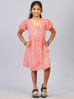 ZION - Girls Peach Printed Knee Length Dress