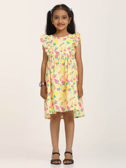 ZION - Girls Yellow Printed Knee Length Dress